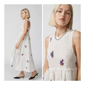 Urban Outfitters Blaine Embroidered Floral Midi Dress NWT Orange Motif /White